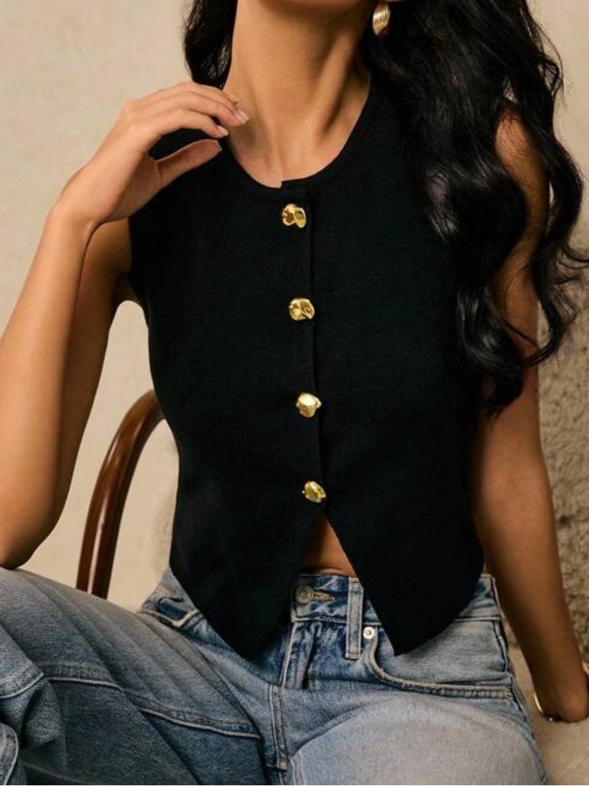 Black Sleeveless Button-Front Knit Top
